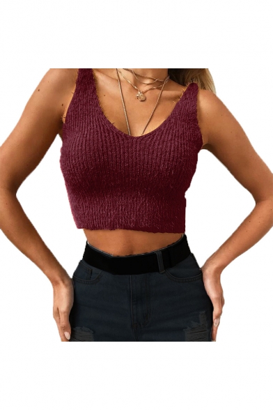 Fashion Solid Mohair V-Neck Sleeveless Cropped Slim Tank Top