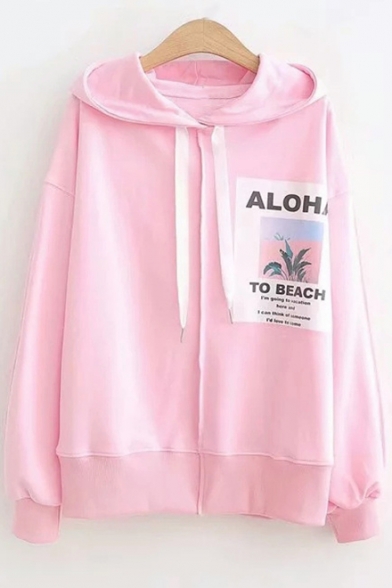 Letter TO BEACH Offset Print Long Sleeve Loose Fit Hoodie for Girls