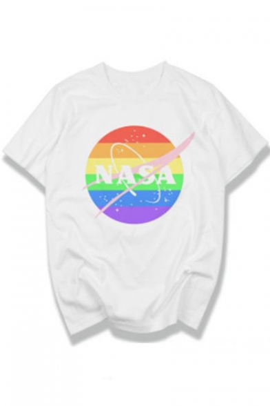 Popular Circle Letter NASA Logo Print White Short Sleeve T-Shirt