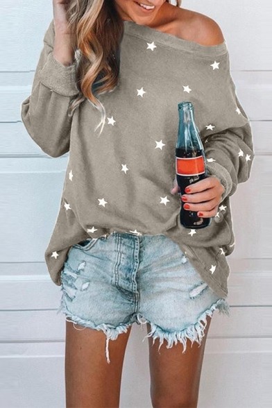 Street Style Fashion Star Printed One Shoulder Long Sleeve T-Shirt