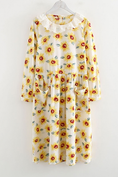 Summer Fashion Allover Sunflower Printed Lace Collar Long Sleeve Midi Smock Dress