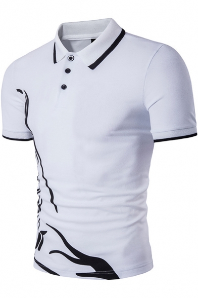 Unique Abstract Printed Hem Contrast Tipped Short Sleeve Slim Fitted Polo Shirt for Men