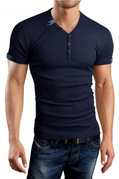 Unique Button Embellished V-Neck Short Sleeve Slim Fit Cotton Henley T-Shirt for Men