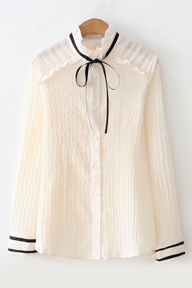 Bow Tie Stand Up Collar Long Sleeve Button Down Pleated Chiffon Blouse