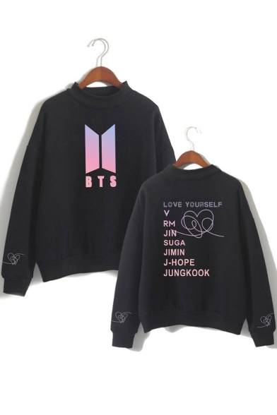 LOVE YOURSELF Printed Mock Neck Loose Relaxed Fit Pullover Sweatshirt