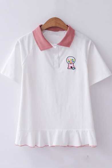 Cute Bulb Embroidery Fashion Ruffled Hem Polo Collar Short Sleeve T-Shirt