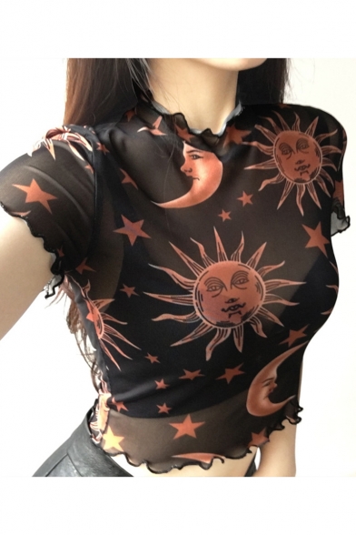 Cute Cartoon Sun Moon Star Printed Short Sleeve Transparent Mesh Crop T-Shirt