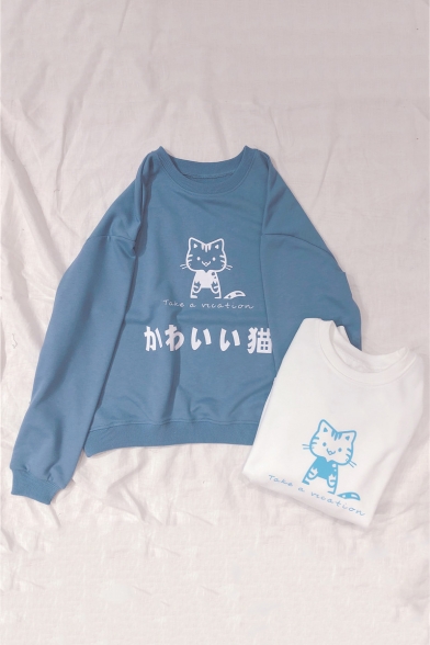 

Cute Cat Japanese Character Printed Round Neck Long Sleeve Pullover Loose Sweatshirt, Blue;white, LC506390