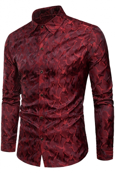 Fashion Coated Metallic Night Club Satin Silk Fitted Button-Up Party Shirt for Men