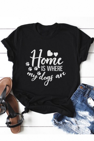 Funny Letter HOME IS WHERE MY DOGS ARE Basic Street Style Black T-Shirt