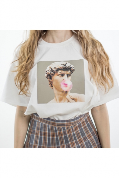 Funny Portrait Printed Summer Casual Loose White T-Shirt