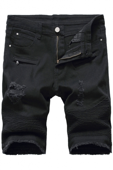 Guys Simple Plain Trendy Pleated Crumple Ripped Detail Biker Jeans Denim Shorts