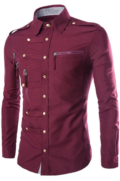 Men's Cool Stylish Multi-Zip Button Embellished Shoulder Strap Detail Long Sleeve Plain Fitted Shirt