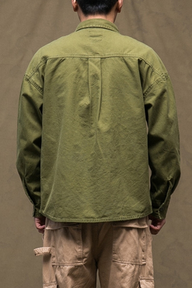 Men's New Fashion Simple Plain Retro Long Sleeve Big Pocket Cotton Military Work Shirt