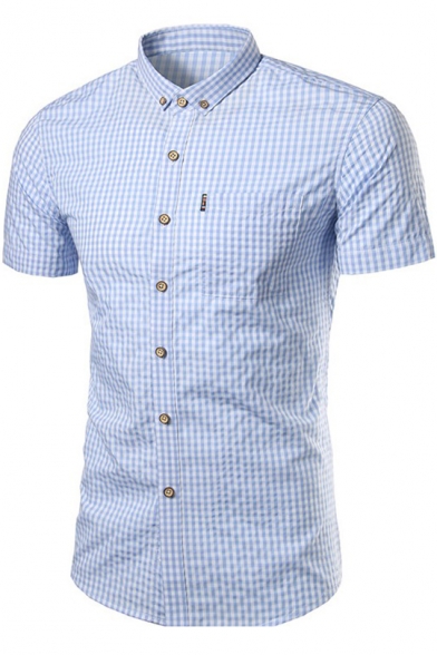 Men's New Stylish Plaid Printed Short Sleeve Fitted Button-Down Shirt