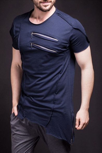Men's Summer New Trendy Multi-Zip Embellished Plain Short Sleeve Asymmetric Hem Hip Hop Fitted T-Shirt