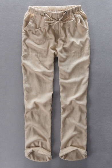 Mens Comfort Linen Basic Simple Plain Drawstring-Waist Loose Straight-Leg Pants