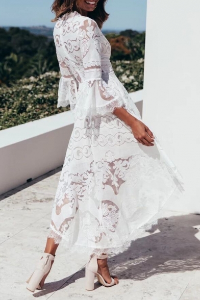 New Stylish White V-Neck Flared Sleeve Midi Lace Asymmetrical Dress
