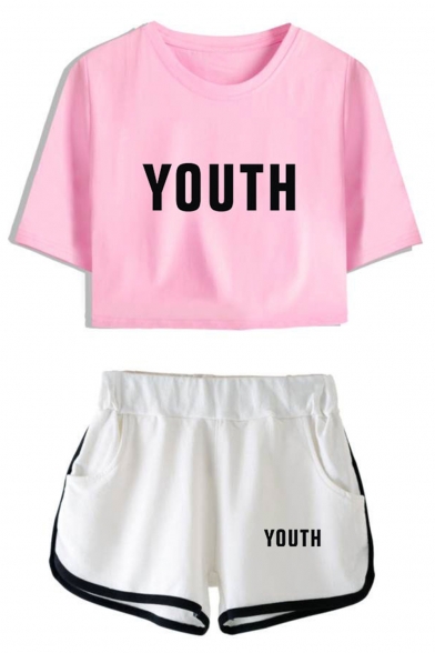Fashion Letter YOUTH Print Cropped T-Shirt Sports Elastic Waist Shorts Co-ords
