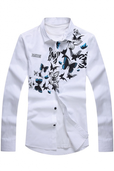 Simple Letter FASHION Butterfly Pattern Long Sleeve Guys Loose Fit Button-Up Shirt
