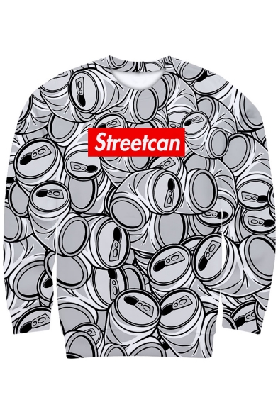 StreetCan Merch Trendy 3D Printed Round Neck Long Sleeve Pullover White Sweatshirt