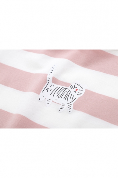Summer Cute Cartoon Cat Round Neck Classic Striped Cotton Loose T-Shirt