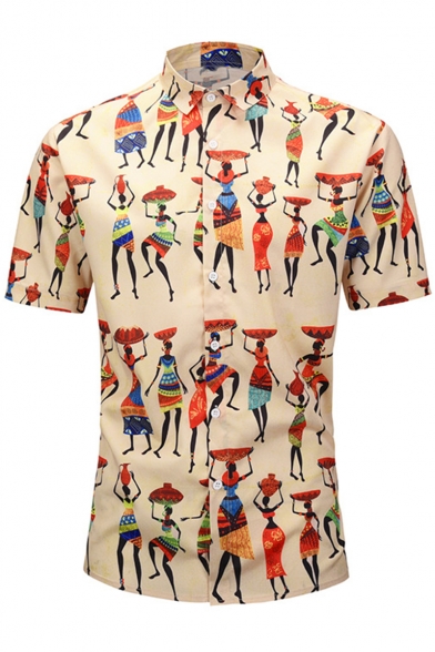 Summer Fashion Indian Painting Print Men's Street Style Short Sleeve Khaki Casual Shirt