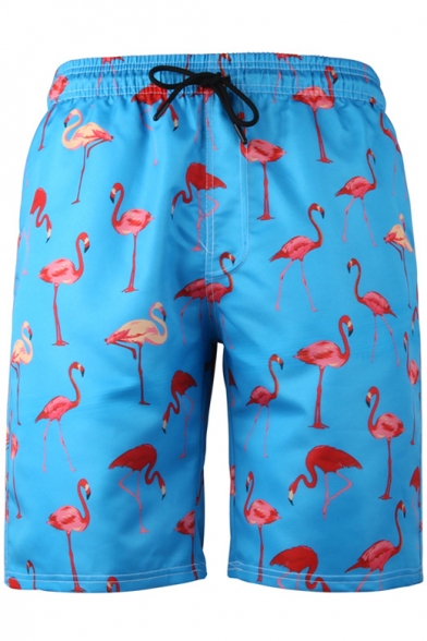 Summer New Stylish Flamingo Printed Drawstring Waist Beach Swim Shorts for Guys