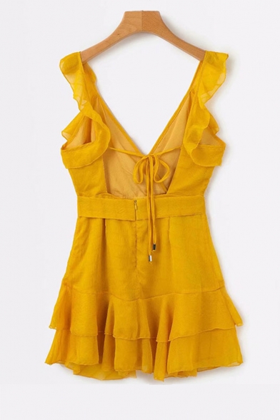 Summer New Stylish Simple Plain V-Neck Ruffled Hem Bow-Tied Waist Mini A-Line Dress