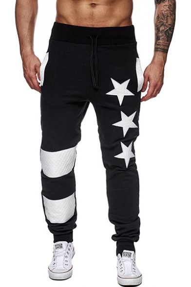Trendy Five-Point Star Print Patched Detail Drawstring Waist Casual Sport Sweatpants for Men