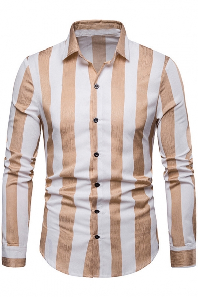 Trendy Vertical Striped Print Men's Long Sleeve Slim Fit Business Shirt