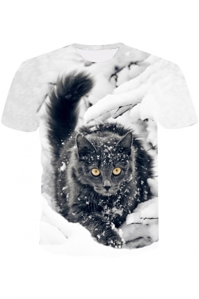 3D Cute Cat Printed Short Sleeve Round Neck White T-Shirt