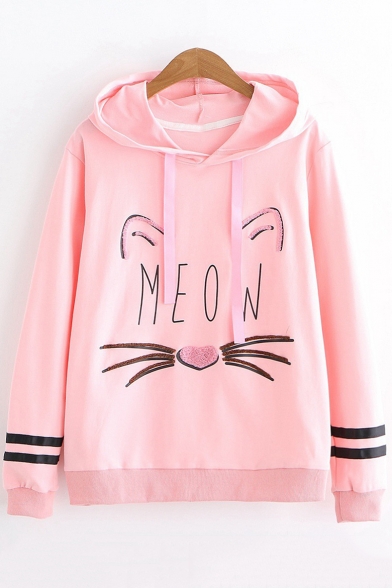 Cartoon Cat Letter MEOW Pattern Loose Casual Long Sleeve Hoodie for Juniors