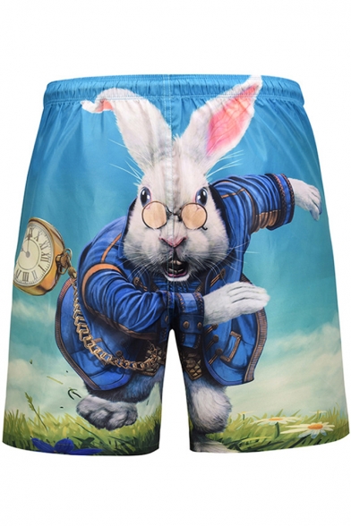 Cartoon Rabbit Print Blue Quick Dry Men's Beach Board Shorts with drawstring
