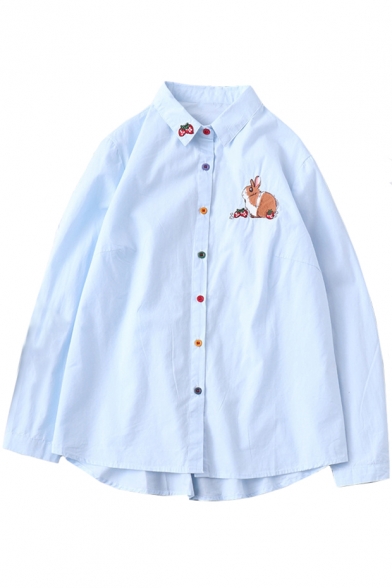 

Cute Cartoon Rabbit Strawberry Embroidered Basic Long Sleeve Button Down Shirt, LC506360, Blue;white