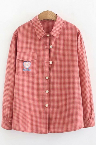 Cute Teddy Bear Embroidery Patched Pocket Classic Plaid Print Long Sleeve Button Down Shirt
