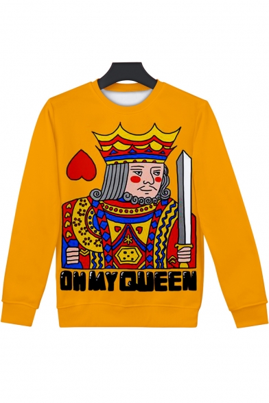 Funny 3D King Queen Poker Card Printed Long Sleeve Crewneck Leisure Loose Sweatshirt