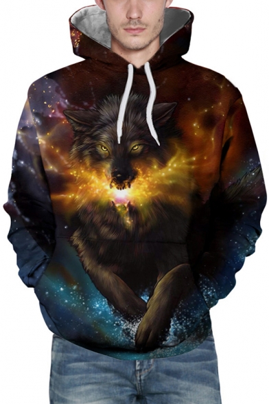 Galaxy Wolf 3D Printed Mens Casual Loose Pullover Drawstring Hoodie