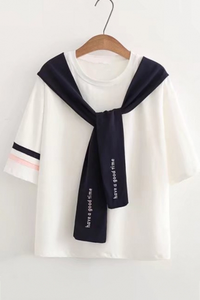 Girls Fashion Letter Tied Front Round Neck Cotton Loose T-Shirt