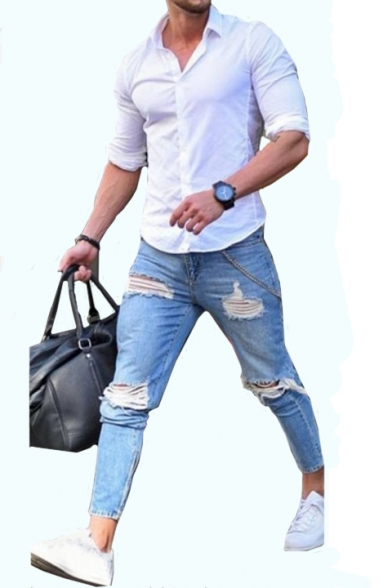 Guys Light Blue Basic Fashion Knee Cut Distressed Slim Cropped Ripped Jeans