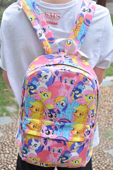 Lovely Cartoon Horse Printed Students Canvas Pink School Bag Backpack 39*30*12cm
