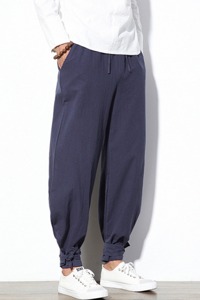 Men's Basic Simple Plain Drawstring Waist Unique Tied Gathered Cuff Bloomers Wide-Leg Pants