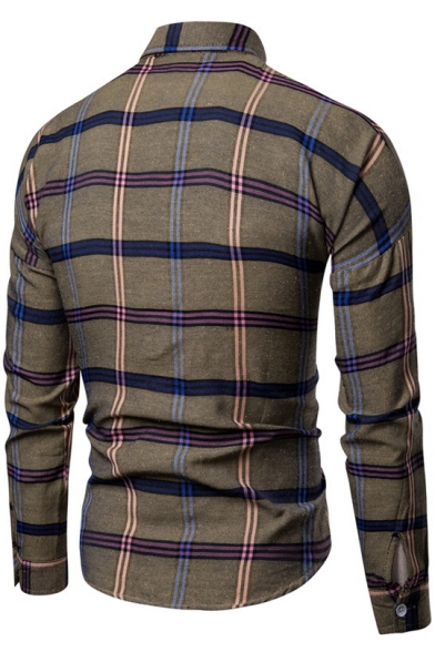 Men's Fashion Plaid Printed Long Sleeve Round Hem Slim Fit Button-Up Shirt