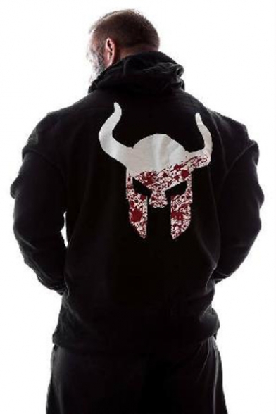 Men's Outdoor Sports Bodybuilding Breathable Fashion Bull Printed Back Casual Black Hoodie
