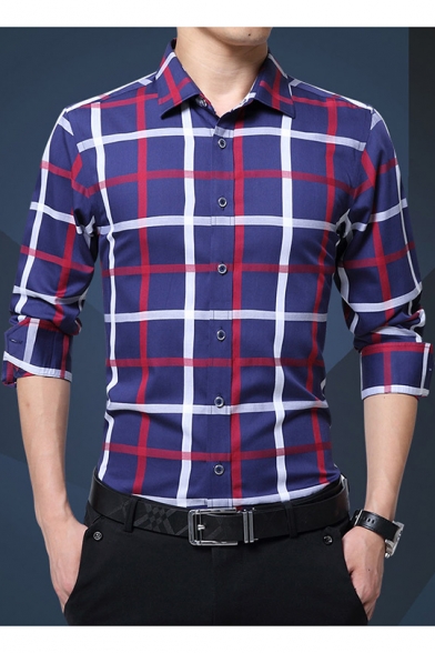 Mens New Stylish Plaid Pattern Long Sleeve Cotton Button-Up Slim Fit Shirt
