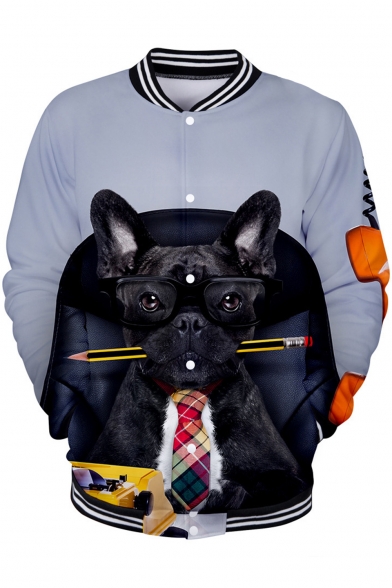 New Stylish French Dog 3D Printed Rib Collar Long Sleeve Button-Front Baseball Jacket