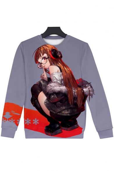 Fashion Game Character Printed Long Sleeve Round Neck Pullover Sweatshirt