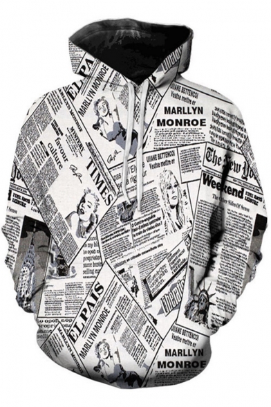 Retro 3D Newspaper Printed Basic Long Sleeve Pullover Casual Loose Drawstring Hoodie