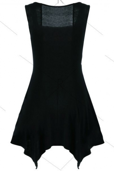 Sexy Trendy Lace-Up Front Lace-Trimmed Square Neck Sleeveless Mini Asymmetrical Dress