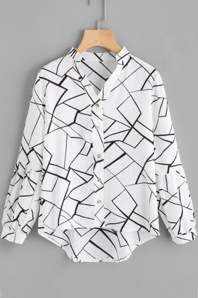 Simple White V-Neck Fashion Geometric Printed Long Sleeve Dipped Hem Casual Button Shirt
